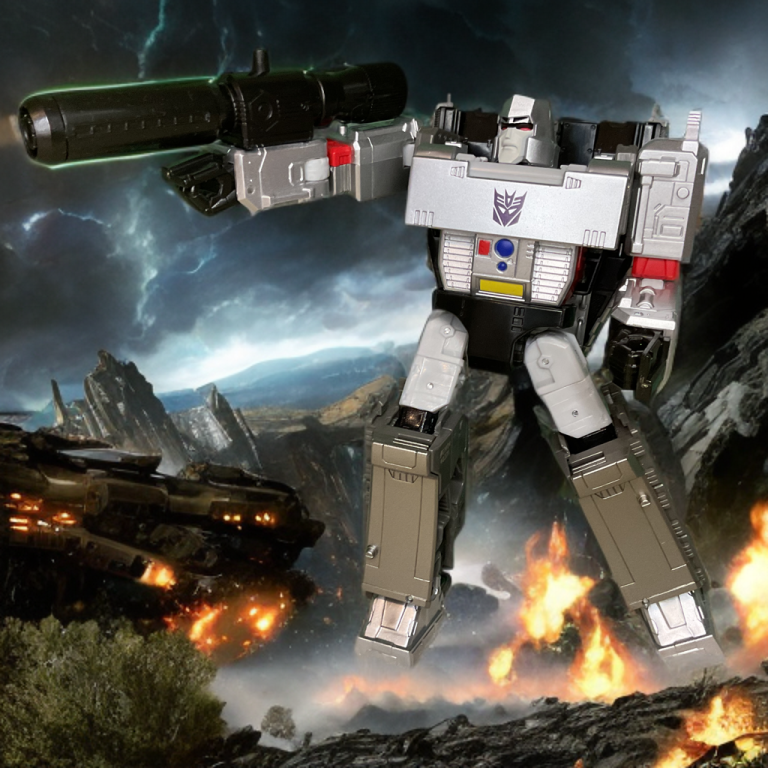 Silver Megatron toy with red accents, arm cannon pointed forward, standing on rocky terrain with fires, tanks, and lightning in the background.
