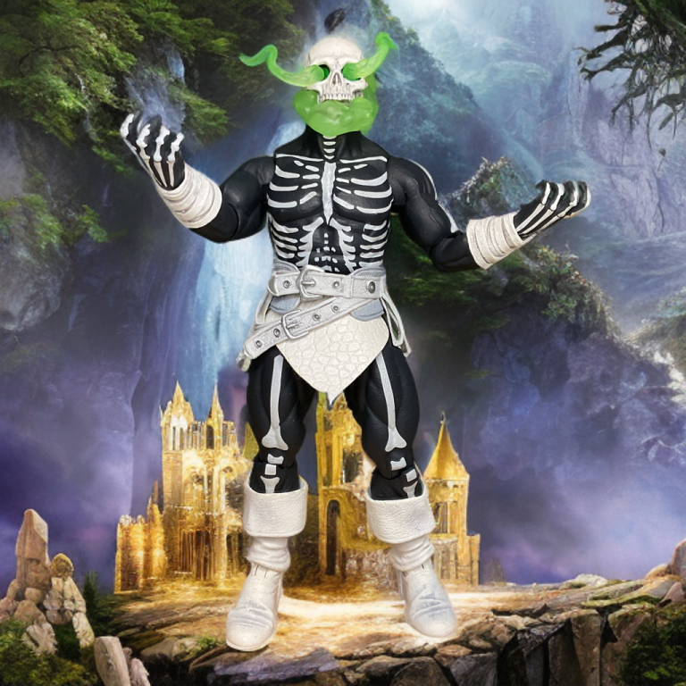 The Head Hunter figure standing on a cliff with a golden castle in the background, its black body with white skeletal details, green spectral energy around its skull head, and white boots, set against a misty purple and green landscape.