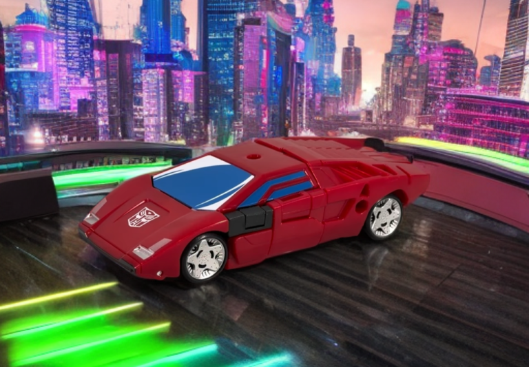 Figura no modo veículo como um carro esportivo vermelho, com rodas e linhas aerodinâmicas fiéis às origens da Lamborghini.