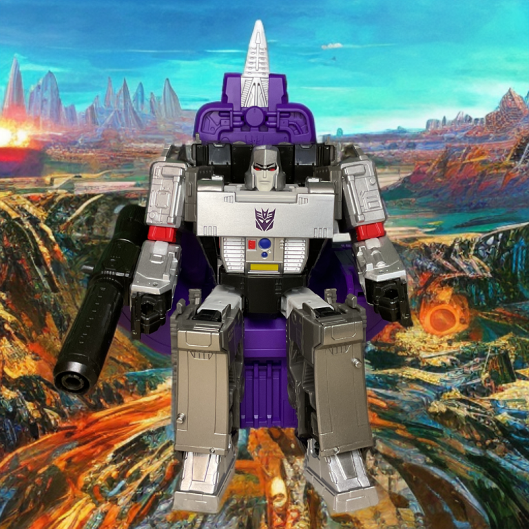 Silver Megatron toy seated on purple throne with spike, holding cannon, set against a colorful desert landscape with mountains and distant blasts.