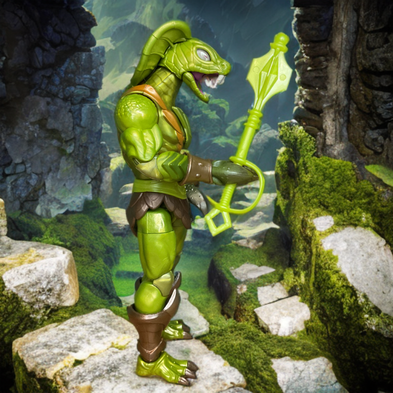 Kobra Khan in Camo mode, with claw hands and bare scales, crouching stealthily amid a sculpted Preternian jungle setting.