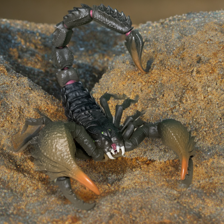 The SKRP10N-25 mutant scorpion, with glowing accents and snapping claws, looms behind the Cobra Desert Scorpion figure in a desert-themed display.