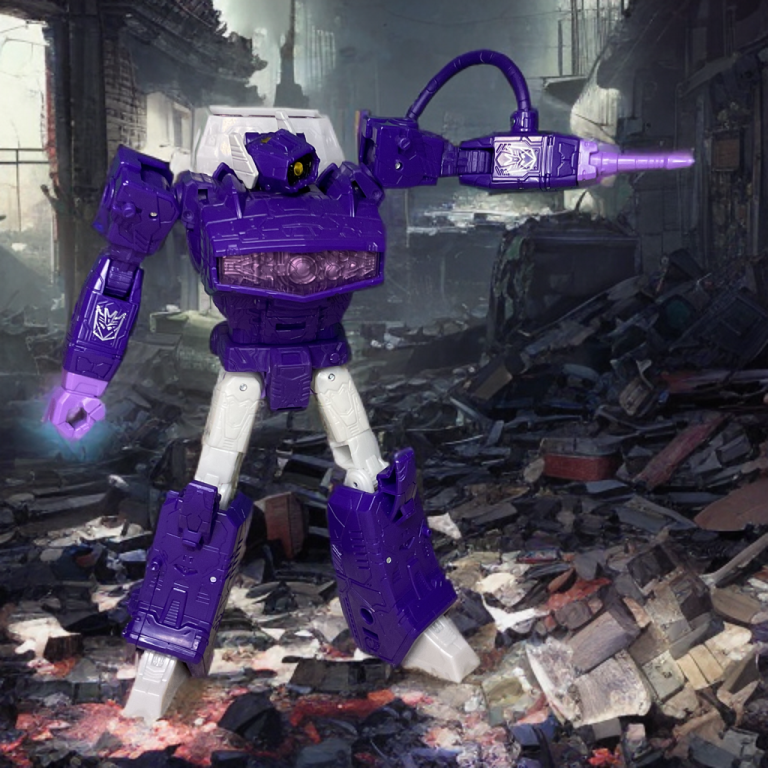 Purple Shockwave robot toy posing with arm cannon aimed, in a gloomy cityscape with debris, buildings, and overcast weather.