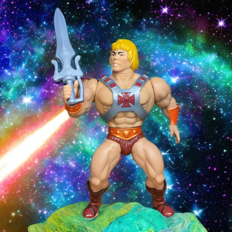 Close-up of He-Man figure with blonde hair, fur loincloth, and Power Sword, ready for action in classic MOTU style.
