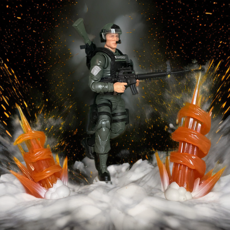 Hawk figure dodging missiles in a battlefield diorama setup.