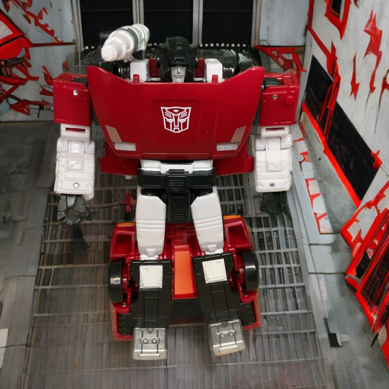 Visão completa da figura articulada de Sideswipe, com as articulações flexionadas para poses de combate em um cenário de batalha industrial.