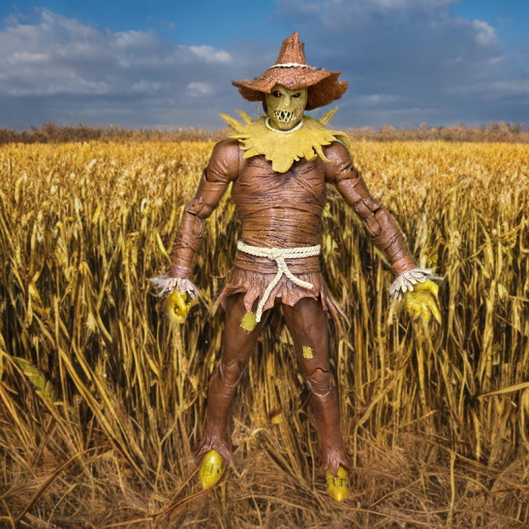 The Scarecrow standing in an eerie cornfields.