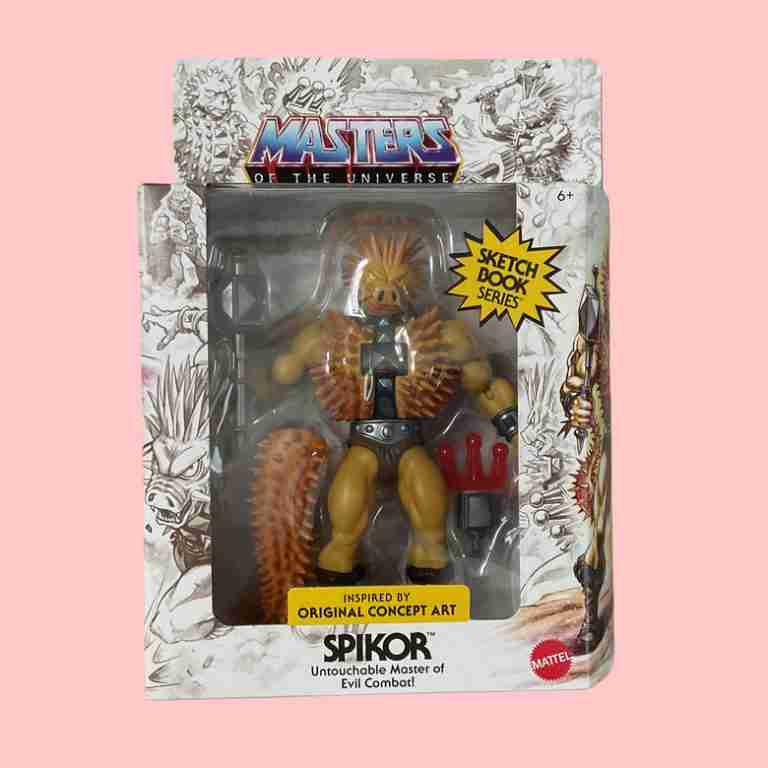 A 5.5-inch Spikor figure with earthy spikes in original packaging. The packaging features a black-and-white sketch of Spikor, with orange highlights and lore.