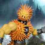 Spikor, a brown, spiky action figure with a trident hand, poses dynamically. The box features a black-and-white sketch of Spikor, with orange spikes and concept art callouts.