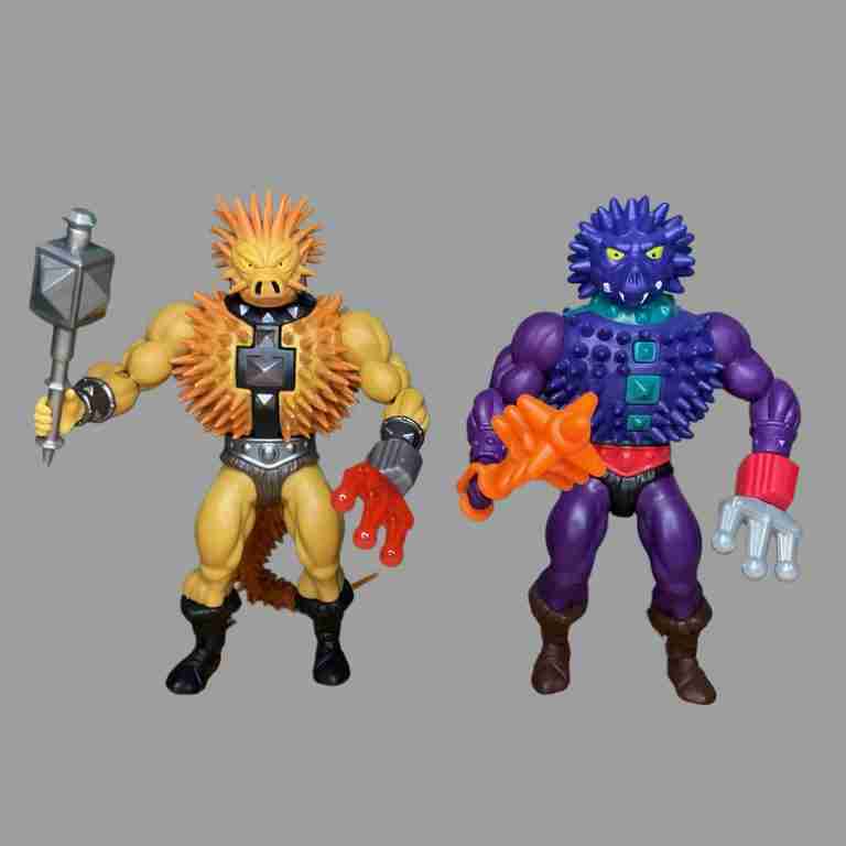 Spikor, a spiky brown figure with a trident hand compared with MOTU Origins Spikor.