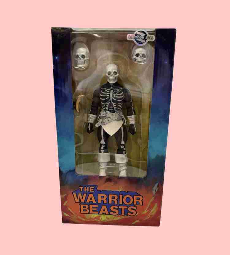 A Warrior Beasts Head Hunter action figure in its Zolocon 2025 packaging, featuring a black body with glowing white skeletal details, white boots, and a silver belt, displayed with two extra skulls above, set against a colorful retro card with “The Warrior Beasts” logo in orange and blue hues.