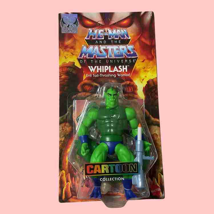Das Cover der MOTU Origins Whiplash Cartoon Collection zeigt den reptilienartigen Bösewicht mit einem Raketenwerfer in leuchtenden Farben im Filmation-Stil.
