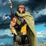 Um close-up da figura do G.I. Joe Classified #180 Desert Scorpion, mostrando seu capacete mascarado e capa de softgoods.