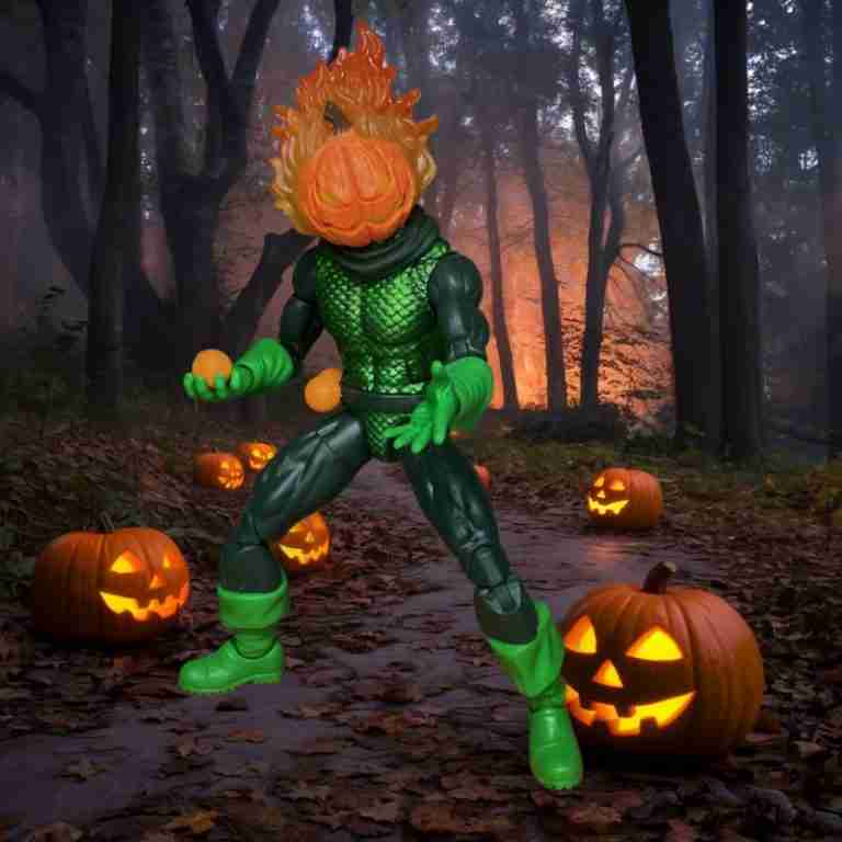 Jack O’Lantern with his flaming pumpkin head stands in a forest with an eerie glow emanating from the woods.