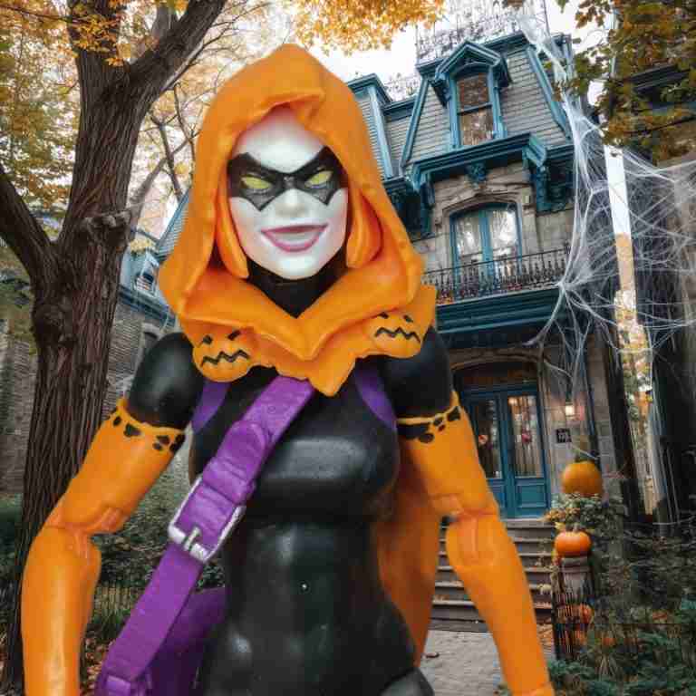 Hallow’s Eve stands in front of an old eerie house in an urban neighborhood on Halloween.