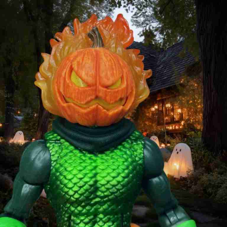 Jack O’Lantern with his flaming pumpkin head stands in front of a house in an urban neighborhood.