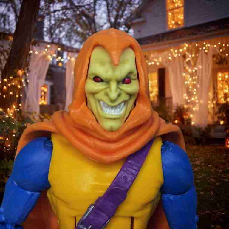 Hobgoblin in a festive neighborhood contrasting with glowing pumpkins and twinkling fairy lights, hinting at impending Halloween mayhem.