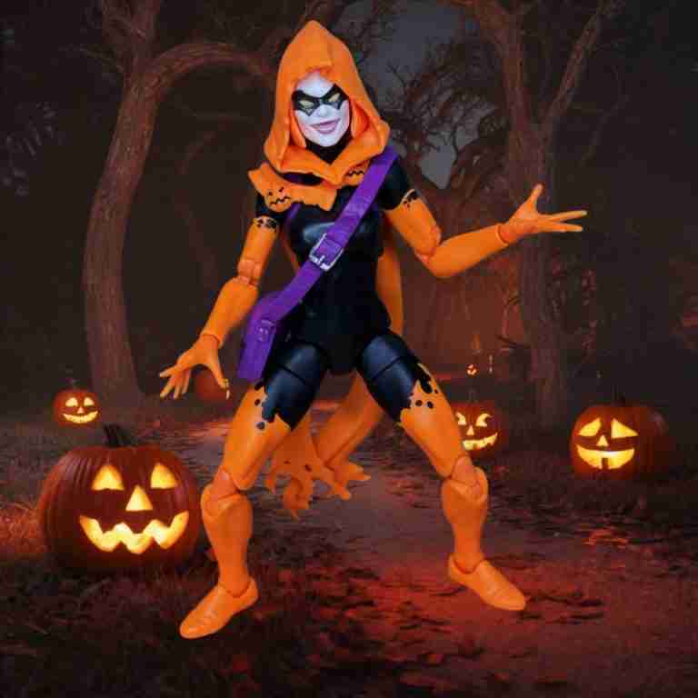 Hallow’s Eve with her spectral mask stands in a shadowy forest, illuminated by carved pumpkins, her vibrant costume contrasting with the dark, twisted trees under a twilight Halloween sky.