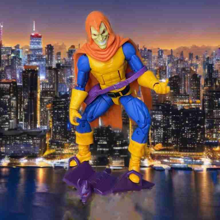 A vibrant Halloween scene featuring Hobgoblin’s glider soaring over the Hudson River and city below.