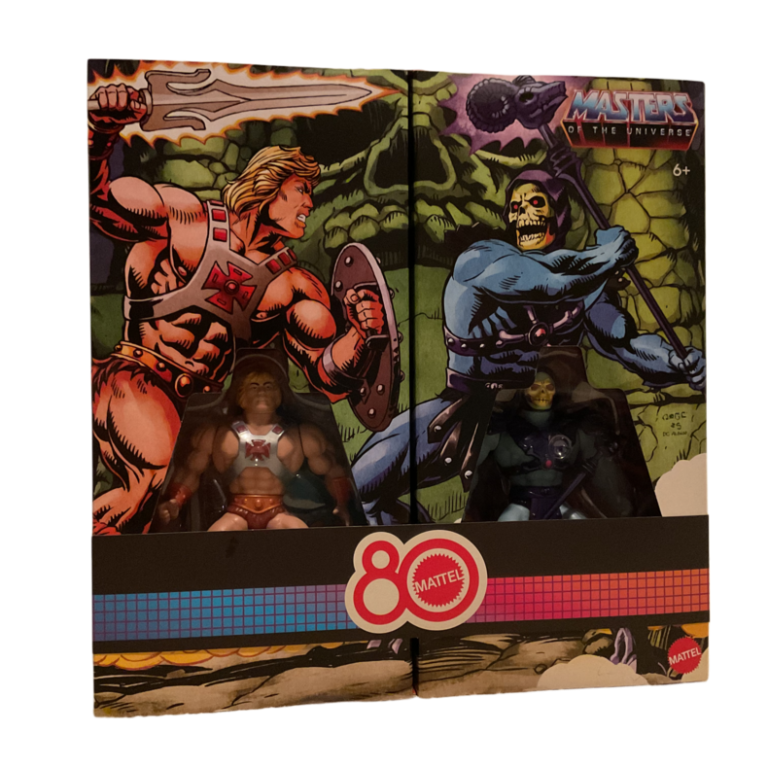 Retro Punching He-Man and Skeletor 2-pack box art showing the duo in battle pose against a vibrant Eternia background.