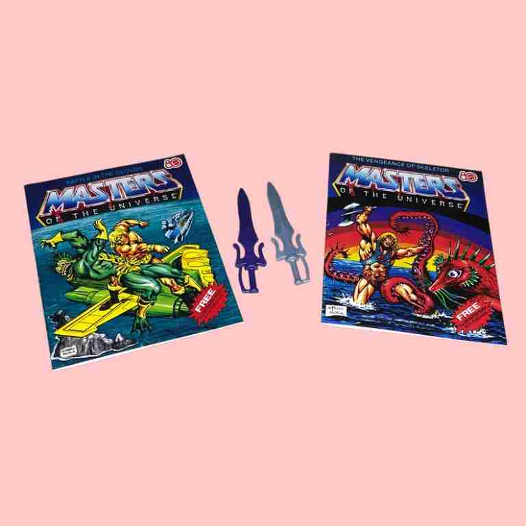 Combined Power Sword accessory from the He-Man and Skeletor set, symbolizing the key to Castle Grayskull’s secrets. Also, reprints of Alfredo Alcala mini-comics included in the MOTU Retro set, featuring gritty illustrations of Eternia adventures.