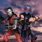 A vibrant display of the G.I. Joe Classified Series Slice & Dice 2-pack, showcasing Slice in red and Dice in black-purple, with dynamic ninja poses and accessory graphics.