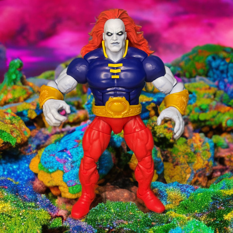 The Champion in dynamic pose, mane flowing in an alien planet background.
