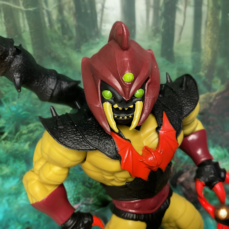 Extreme close-up: Sting-Or snarling head sculpt, yellow compound eyes, twitching antennae.