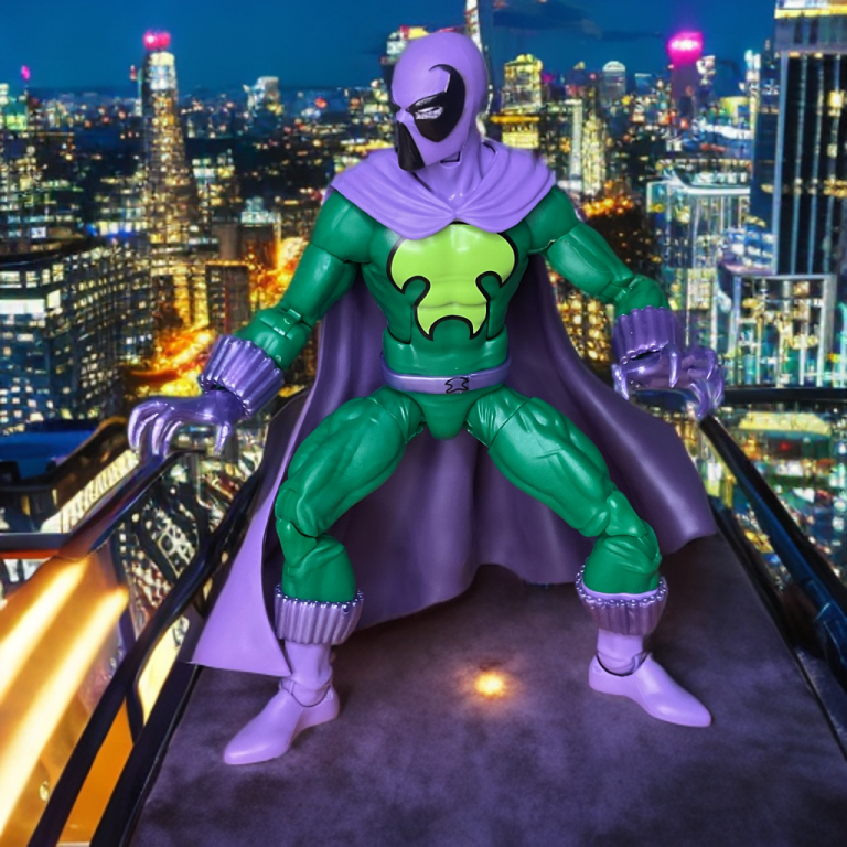 Prowler Marvel Legends encaramado a una gárgola en una pose dinámica de acecho desde el tejado
