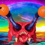 マンテナの頭部のアップ。真紅の顔に対し、オレンジ色の両目が銀色の伸縮棒で完全に伸びている。.