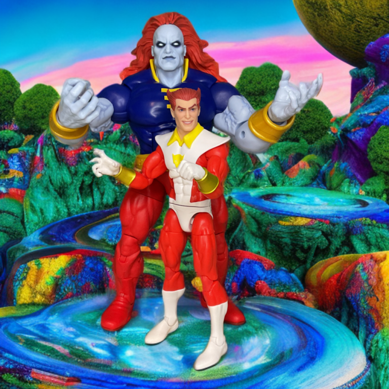 Présentation des sculptures côte à côte : Starfox de 6 pouces avec sa peau violette nacrée et son costume métallique sarcelle, à côté de Champion de 7,5 pouces avec son manteau rouge bonbon et sa ceinture gravée, contre l'illustration d'une planète extraterrestre.