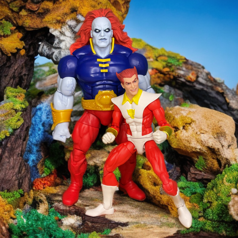 Eros (Starfox) pose le poing serré avec Tryco Slatterus (Champion) en épaule-papillon sur une planète extraterrestre.
