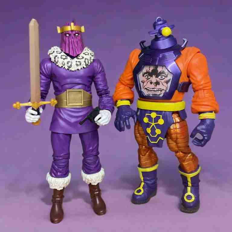 Full display of the evil genius duo, capturing 1970s technicolor villain aesthetic.