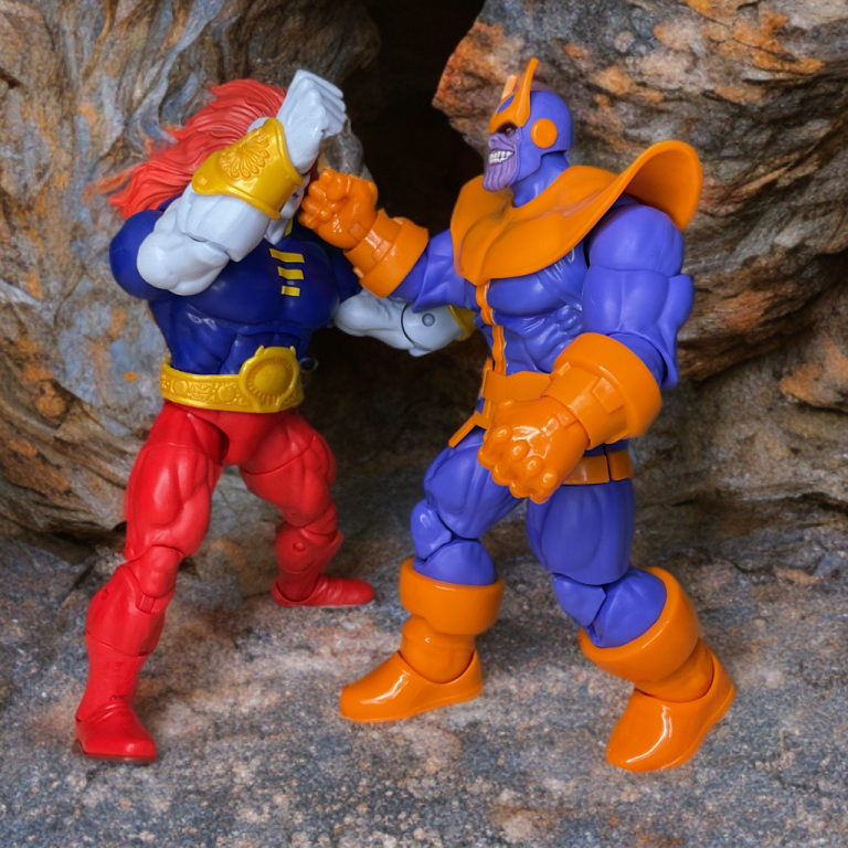 Thanos and the Champion of the Universe trading planet-shattering punches on a crumbling world