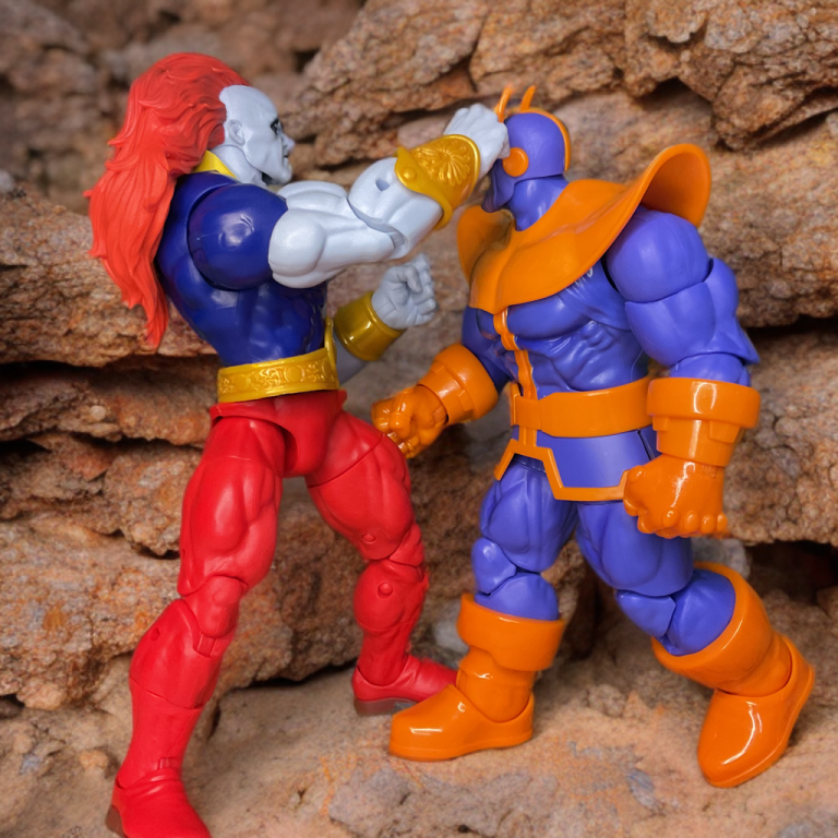 Dramatic splash page of Champion uppercutting Thanos through planetary crust