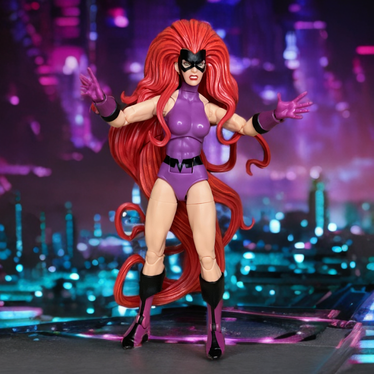Overhead shot of Medusa leaning back using her own solid plastic hair as a third-point support to stay upright.