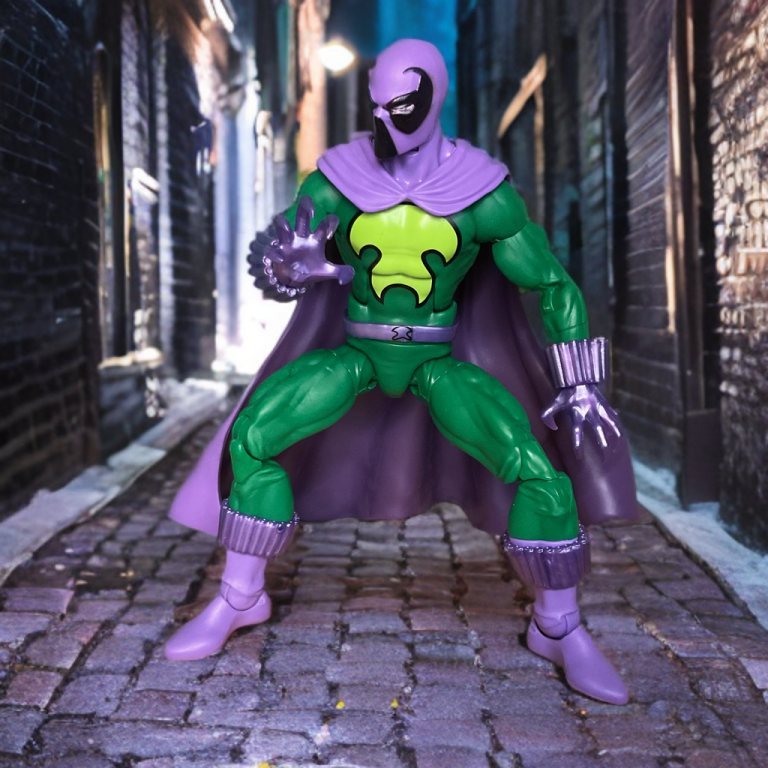Prowler Marvel Legends de Hasbro en estilo animado: traje morado, detalles verdes y lentes blancas brillantes