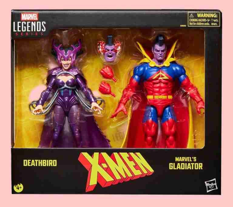 Deathbird y Gladiator asoman por la ventana de la caja Marvel Legends, con las alas y la capa listas para la batalla.