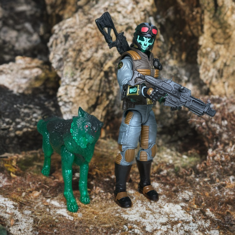 Ghost Viper wearing gothic skull mask and containment backpack connected by hoses to the leashed D.I.R.E. Beast wolf