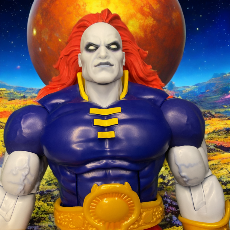 Gros plan du champion de l'univers avec une grande planète en arrière-plan.