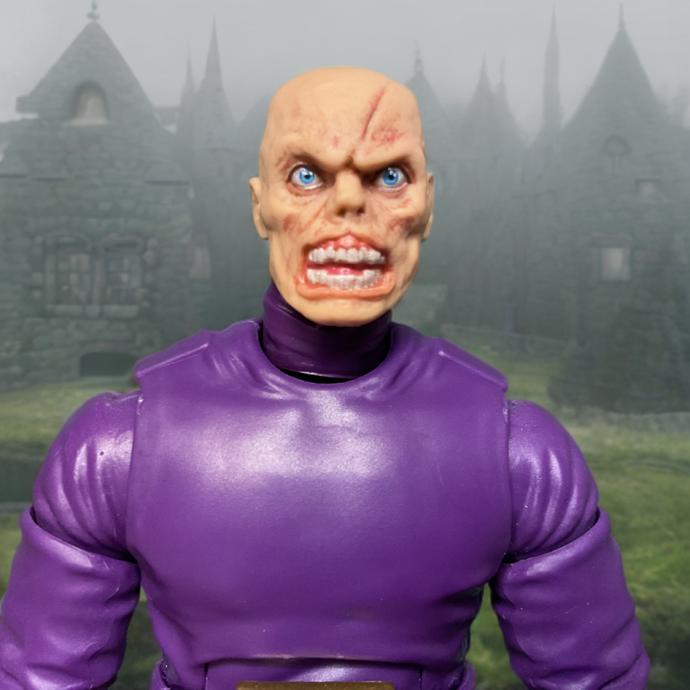 Close-up of Baron Zemo action figure in purple tunic.