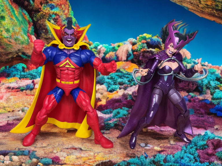La envergadura de Deathbird y la postura imperial de Gladiator en un planeta de otro mundo.