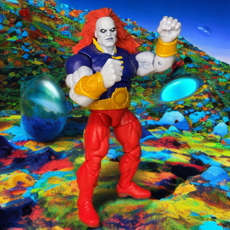 Champion of the Universe with fists clenched ready to rumble in an abstract alien world.