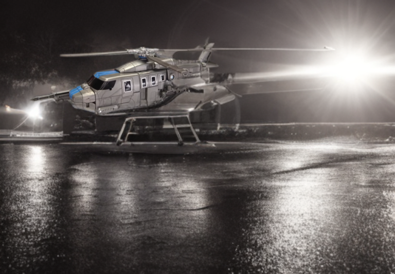 Vortex in helicopter mode landing on a dark foggy night.