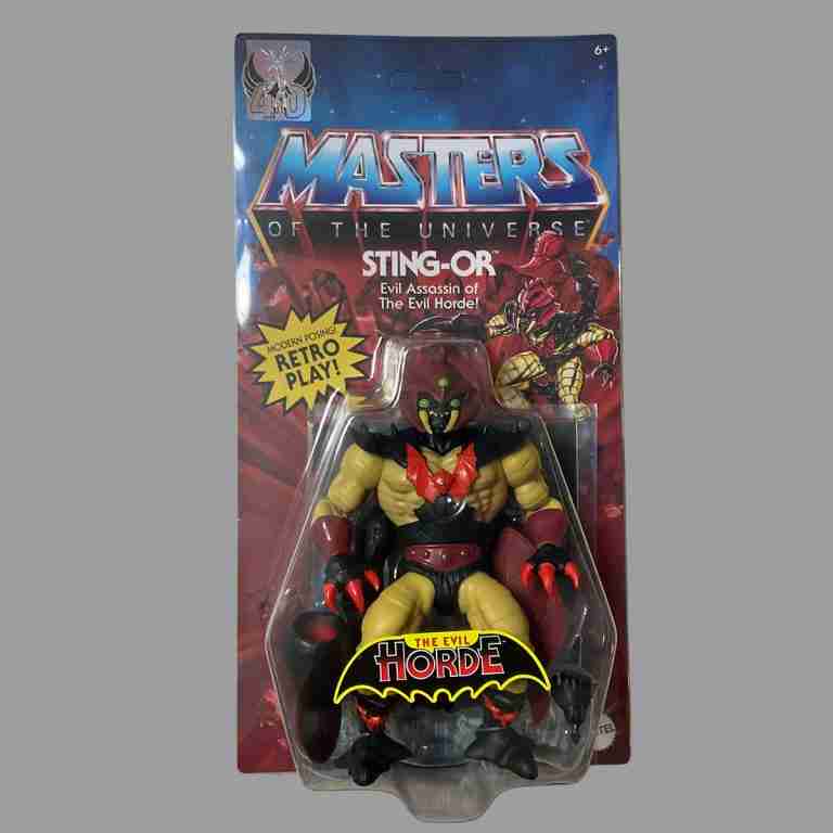MOTU Origins Sting-Or window-box front: crimson scorpion lunging, Horde bat glowing metallic.