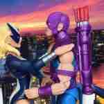 West Coast Avengers compound sunset—Hawkeye and Mockingbird silhouetted, staves and bow crossed.