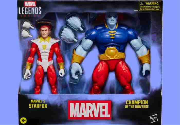 Illustration de la boîte du coffret double Hasbro Marvel Legends Starfox & Champion : Starfox à la peau violette et aux cheveux argentés sourit avec assurance à gauche, face à un imposant Champion cramoisi en position de boxe à droite, dans un champ d'étoiles cosmique.