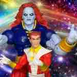 Cosmic duo: Silver-haired Eternal in disco-era spandex exudes charm, while red-skinned Elder grips primordial-powered gloves, ready for a pleasure-punch clash amid stars.