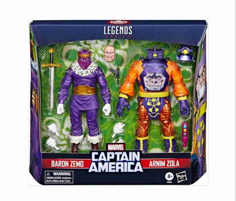 Packaged Baron Zemo & Arnim Zola 2-pack box with vibrant Bronze Age-style artwork and eco-friendly design.