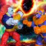 Thanos, el de la piel púrpura, se enfrenta al Campeón del Universo, el de los hombres de oro, en el espacio profundo.